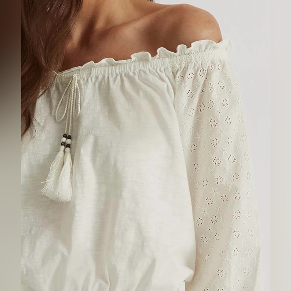 Ralph Lauren Women’s 💯 % cottonEyelet Off-The-Shoulder Pullover Top White, PM/M - Picture 6 of 9